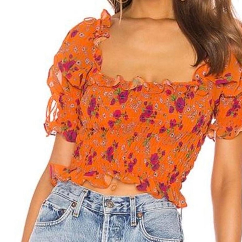 For Love And Lemons Orange Puff Sleeve Crop Blouse